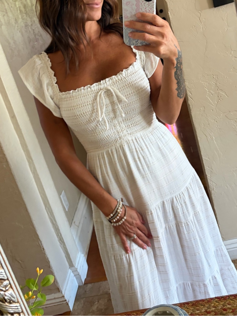 l*space White Smocked Maxi Dress with Flutter Shoulders